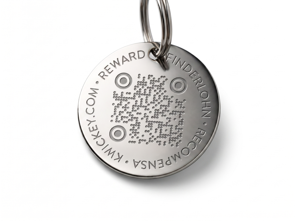 KWICKEY Anhänger — Metall-Plakette mit gelasertem QR-Code